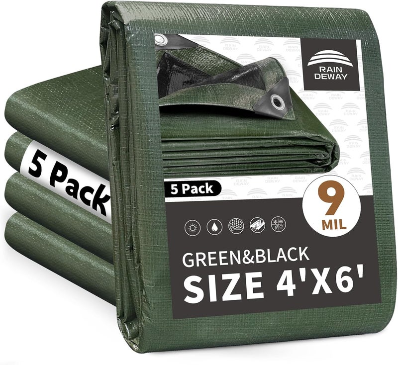 RAINDEWAY Tarps 4x6 Feet（5 Pack）,Small Tarp Waterproof,9Mil Thick Finished Size, Multipurpose Poly Tarp Cover with Metal Grommets and Reinforced Edges,Green/Black Tarpaulin - Image 1